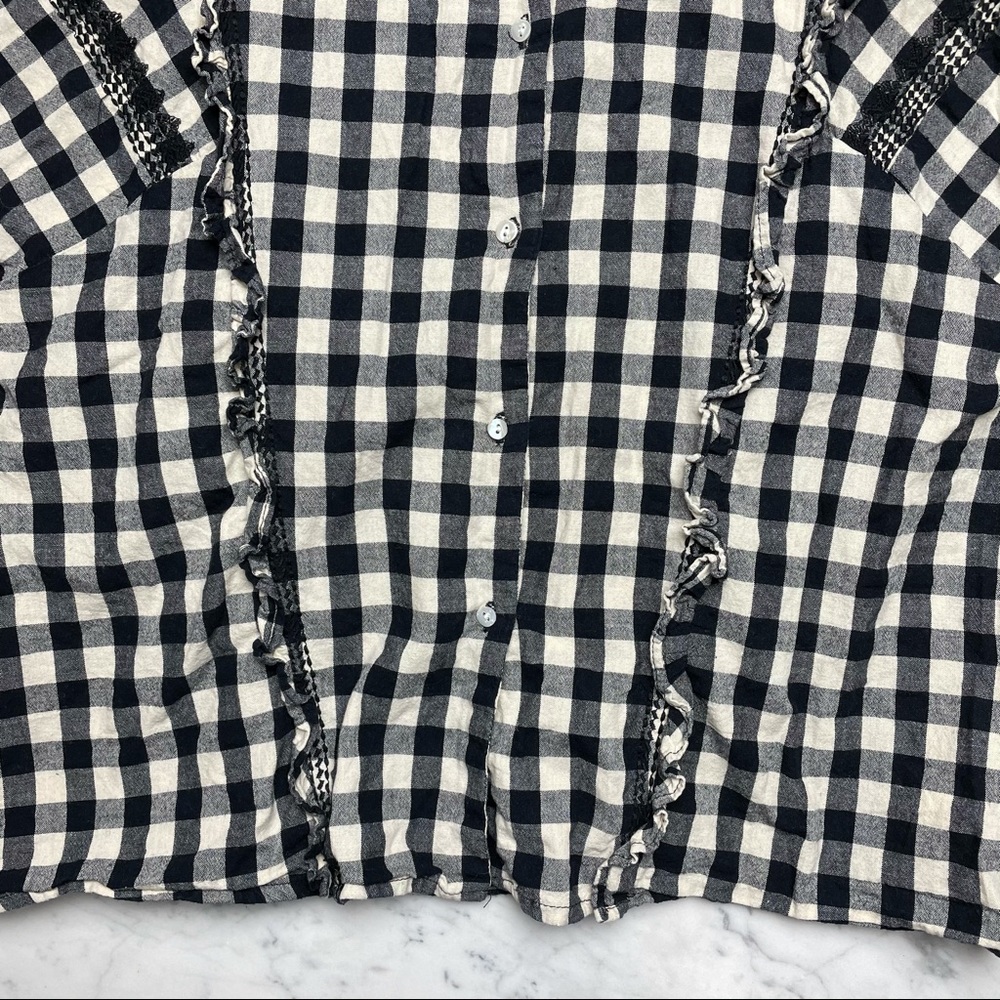 Zara Check Print Ruffle Long Sleeve Button Down - Picture 4 of 7